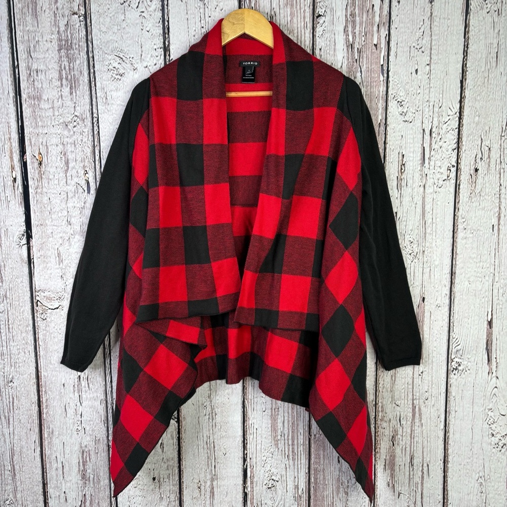 Torrid 1X | 14/16 Plaid Drape Front Cardigan Sweater Black Red Open Front Drapey
